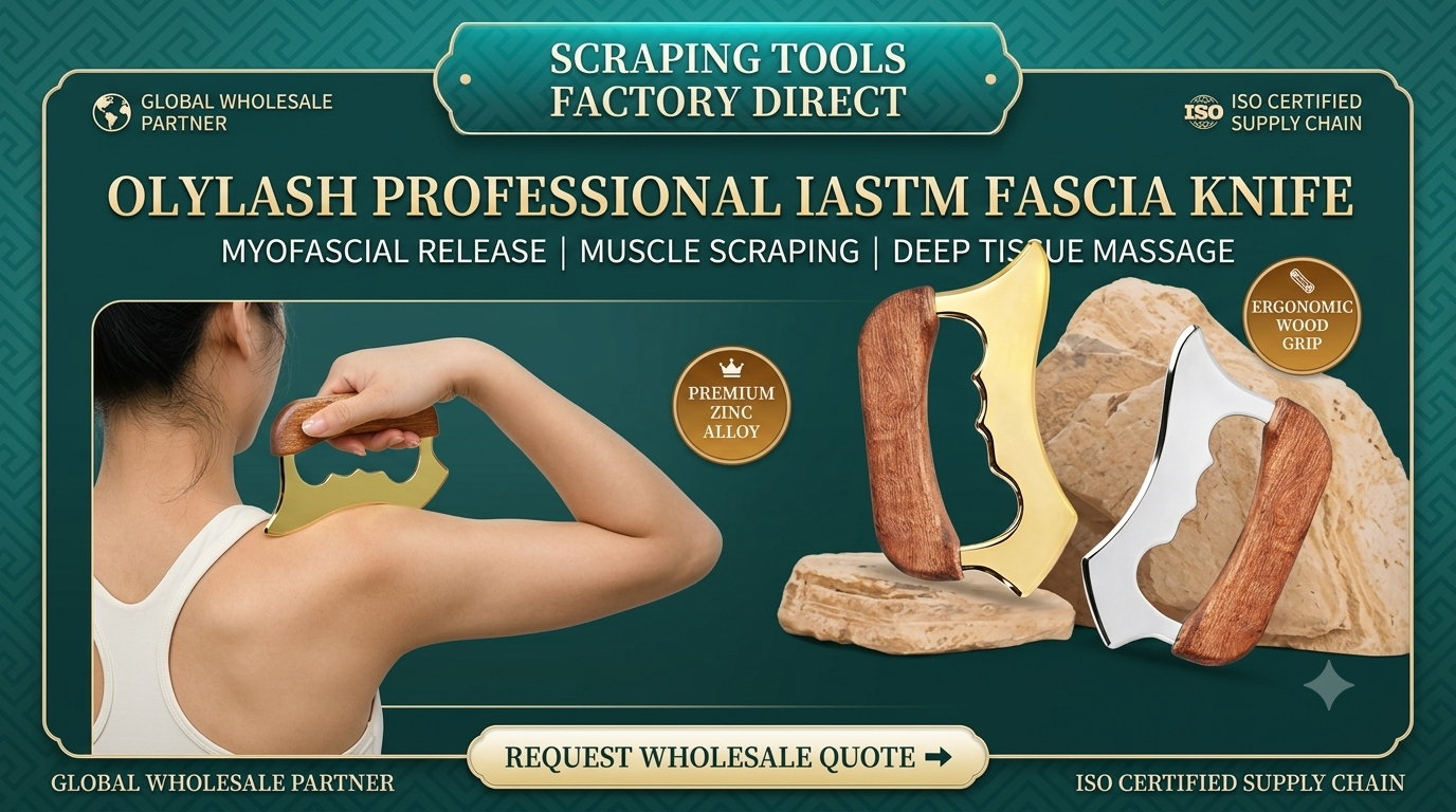 professional zinc alloy IASTM fascia knife and muscle scraping tools with ergonomic wood grip for OEM/ODM factory wholesale.