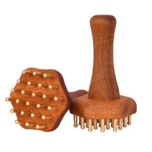 Ergonomic Brass Meridian Massage Brush | 24-Pin Pure Brass Acupoint Scraper with Long Wooden Handle for Scalp Stimulation & Full-Body Detox Therapy